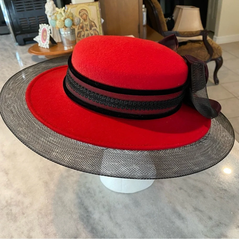 Milan by Charm Floral Mesh Hat Woolen Retro Dress Hat Red Black Mesh Hat